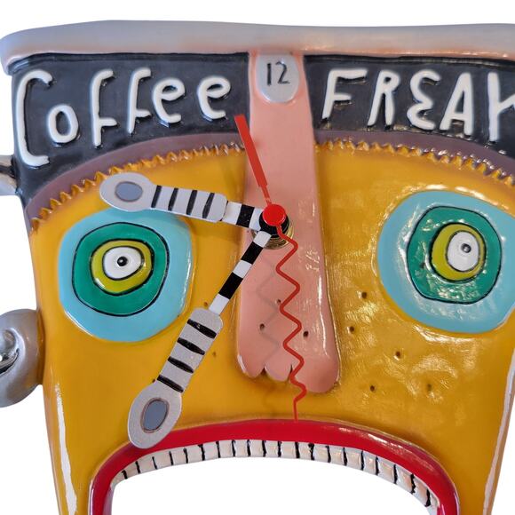 Rare Allen Designs Coffee Freak Wall Clock Studio Art Funky Mug Face 13x9" Works - Picture 12 of 16